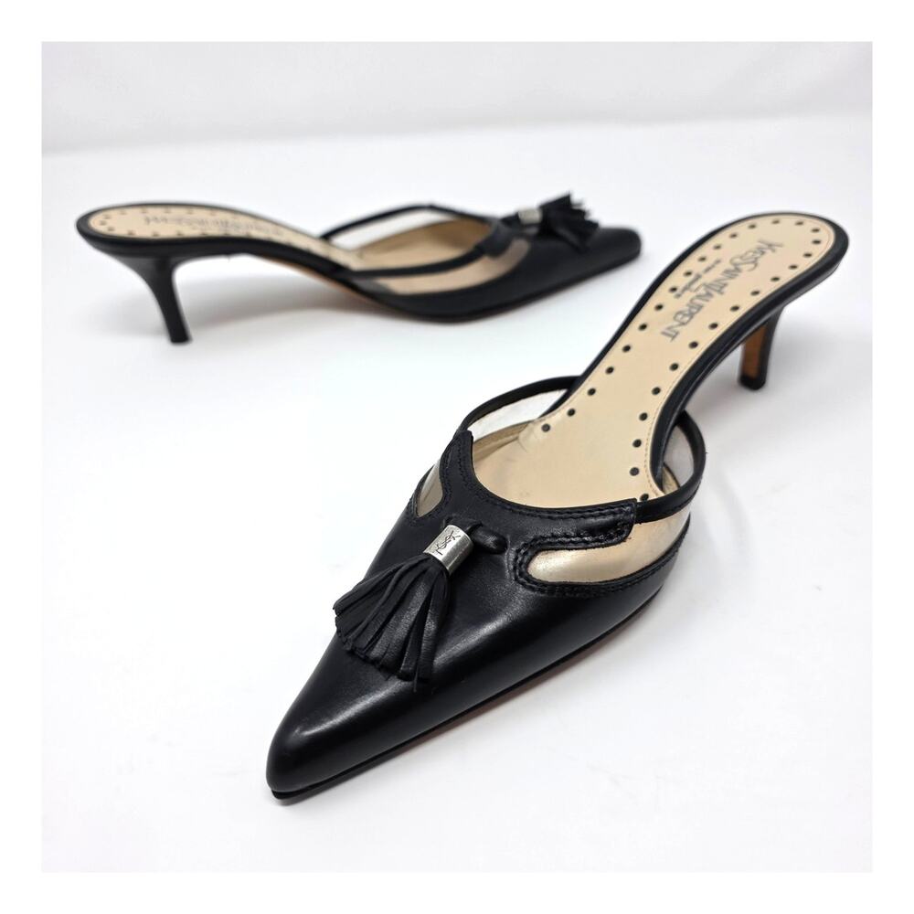 Yves Saint Laurent Vintage Kitten Heel Mules Pointed Toe Black Leather 36.5 6.5